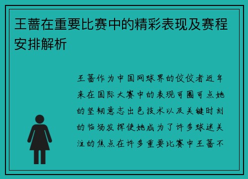 王蔷在重要比赛中的精彩表现及赛程安排解析