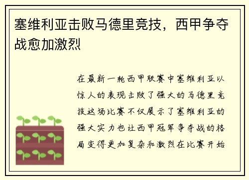 塞维利亚击败马德里竞技,西甲争夺战愈加激烈