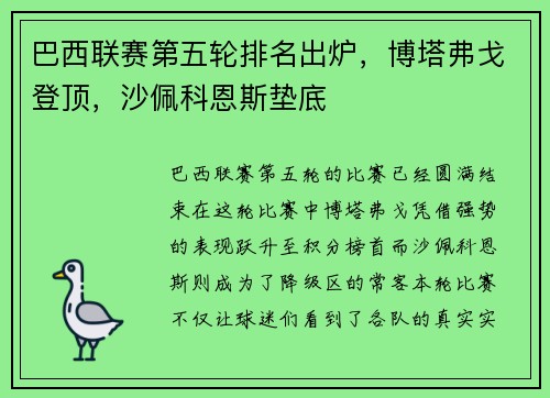 巴西联赛第五轮排名出炉，博塔弗戈登顶，沙佩科恩斯垫底